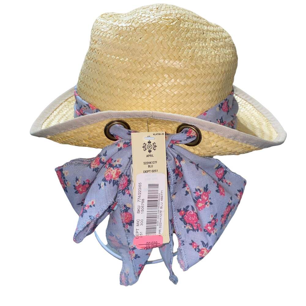 Kate Landry Straw Sun Hat with floral scarf tie bow at back NWTs